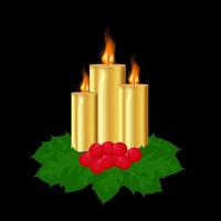 queimando velas douradas com azevinho em fundo escuro. elementos decorativos de natal. ilustração vetorial vetor