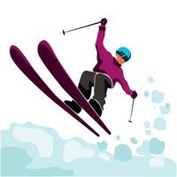 saltando esquiador isolado no fundo branco. passeios de esquiador, freeride, salto de esqui, freestyle.winter sport.skiing no inverno alps.vector ilustração em estilo plano moderno vetor