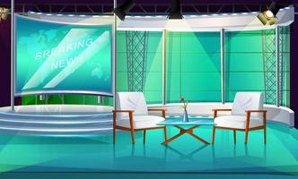 estúdio de programa de tv estilo cartoon vetorial com duas cadeiras e mesa, palco interior, com duas cadeiras e tela de notícias. vetor