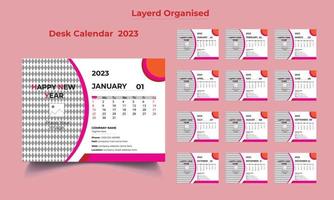 modelo de calendário de mesa do ano novo 2023, modelo de calendário de mesa, calendário de mesa de 12 meses incluído, calendário de mesa da empresa de 12 páginas vetor