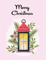 lindo banner com lanterna de natal, galhos de pinheiro, flores e bagas em fundo rosa. ilustração de Natal com uma lanterna. para cartões, banners, impressões, tags e quaisquer projetos de design. vetor
