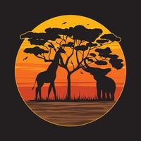 arte do pôr do sol retrô vintage do design e adesivo da camiseta do zoológico vetor