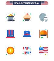 conjunto de 9 ícones do dia dos eua símbolos americanos sinais do dia da independência para portas boné do capacete americano eua editável elementos de design do vetor do dia dos eua