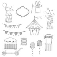 coleção de circo de contorno. tenda, lebre de chapéu, foca, festão, bola, urso, bilheteira vetor