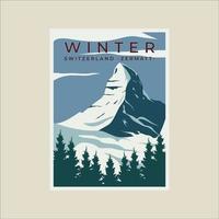 zermatt suíça cartaz vintage ilustração vetorial modelo design gráfico. banner de neve de inverno alpes suíços para negócios de viagens ou turismo vetor
