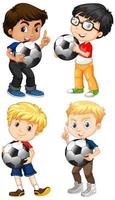 conjunto de menino multicultural segurando bolas de futebol vetor