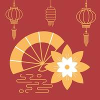 composição asiática com flor, leque e lanternas vetor
