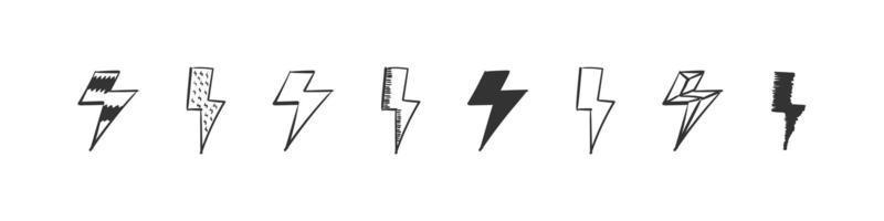 doodle de ícones de relâmpago. conceito de ícones de energia. raio de ícone desenhado à mão isolado no fundo branco. design moderno. ilustração vetorial vetor