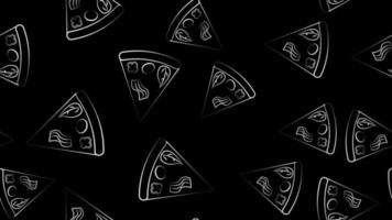 fatia de pizza em uma crosta fina, em um fundo preto, ilustração vetorial, padrão. pizza recheada com carne, cogumelos e ervas. padrão, decoração de cozinha, papel de parede elegante vetor