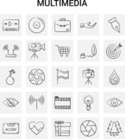 Conjunto de ícones multimídia desenhados à mão com 25 doodles vetoriais de fundo cinza vetor