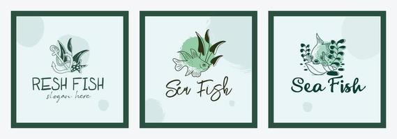 mão desenhada, veja a coleção de design de logotipo de comida ou peixe com elementos do oceano sob a água vetor