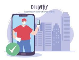 serviço de entrega online com mensageiro e smartphone vetor