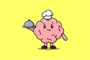 cérebro de chef bonito dos desenhos animados servindo comida na bandeja vetor