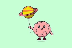 cérebro bonito dos desenhos animados flutuando com balão de planeta vetor
