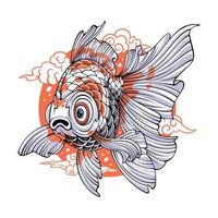 peixe chef colorido bonito com barbatanas longas e cauda em fundo de círculo e nuvens para design de camiseta vetor