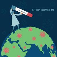médico andando pelo mundo carregando vacina contra coronavírus vetor