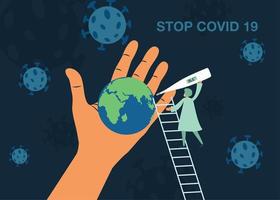 médico medindo temperatura mundial para impedir o coronavírus pôster vetor