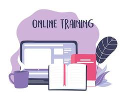 projeto de treinamento online com laptop, livros e xícara de café vetor