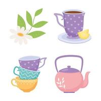 xícaras de chá, bule, conjunto de bebida à base de ervas com flor de limão vetor