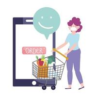mulher com carrinho de compras pedindo comida no smartphone vetor