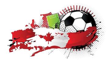 bola de futebol preta e branca cercada por manchas vermelhas e brancas formando a bandeira do canadá com um campo de futebol ao fundo. imagem vetorial vetor