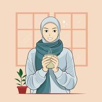 hijab jovem sorrindo enquanto bebia chá quente ilustração vetorial download grátis vetor