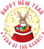 feliz ano novo texto com coelho fofo para design de banner vetor