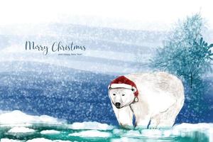 fundo de paisagem de inverno de ano novo e natal com design de cartão de ursos vetor