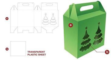 caixa de alça de papelão e janela de árvore de natal com modelo de corte e vinco de folha de plástico transparente vetor
