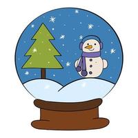 um globo de neve com uma árvore de natal e um boneco de neve. ilustração vetorial. vetor
