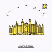 atlantis o modelo de pôster do monumento de palma viagens pelo mundo amarelo fundo de ilustração em estilo de linha com cena de beleza natural vetor