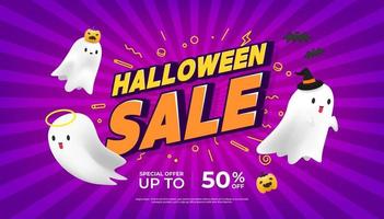 design de modelo de banner de venda de halloween. evento de venda de halloween com fantasmas fofos em fundo roxo. mídias sociais, compras online. vetor