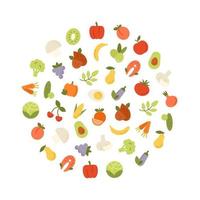 ícones planos de comida saudável em círculo vetor