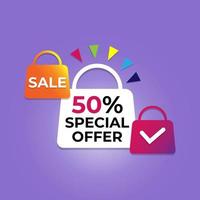 desconto sacos de forma de banner 3d. loja de bolsas de ofertas especiais. ícone de etiqueta de preço de cupom de venda. banner de venda com oferta de desconto de 50%. mensagem de etiqueta de preço de venda. vetor