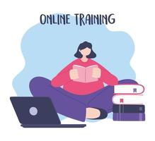 treinamento online, mulher lendo livro com laptop vetor