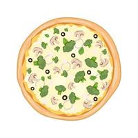 pizza vegetariana com cogumelos, brócolis e azeitonas. pizza inteira isolada no fundo branco. vista do topo. ilustração vetorial plana vetor