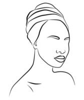 o rosto é uma linha. uma mulher africana em um cocar tradicional. avatar de uma garota com um lenço. retrato de uma menina. ilustração em vetor plana.
