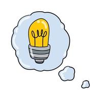lâmpada elétrica. nuvem de bolha com pensamentos e ideia. mente e lâmpada elétrica. ilustração de rabiscos desenhados à mão vetor