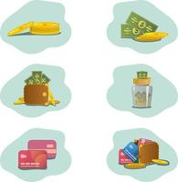 conjunto de ícones coloridos de dinheiro e moedas de ouro com cartões de plástico e carteira em fundo azul. vetor, ícones. vetor