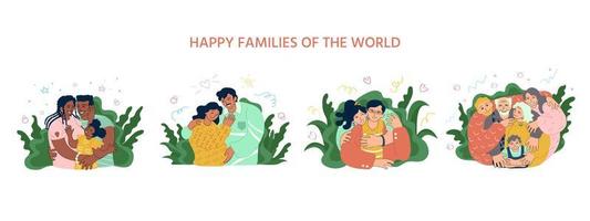 quatro famílias felizes se abraçando. latino-americano, afro-americano, europeu, caucasiano, asiático. paternidade, gravidez, casais, idosos e jovens juntos. ilustração em vetor estilo Doodle.