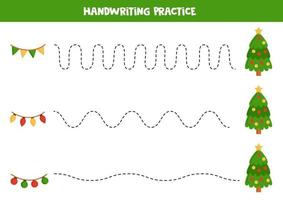 linhas de rastreamento para crianças. lindas guirlandas e árvores de natal. prática da escrita. vetor