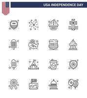 feliz dia da independência dos eua conjunto de pictogramas de 16 linhas simples de sorvete igreja americana americana editável dia dos eua vetor elementos de design