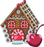 cartão postal com mão desenhada casa de gengibre isolada no fundo da noite. biscoitos de natal e flocos de neve. vetor