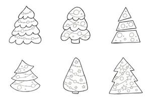 um conjunto de árvores de natal desenhadas à mão. ilustração vetorial em estilo doodle. clima de inverno. olá 2023. feliz natal e feliz ano novo. elementos pretos e cinzas em um fundo branco. vetor