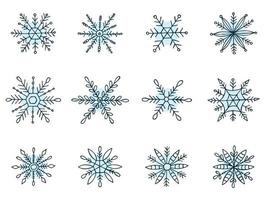 um conjunto de flocos de neve desenhados à mão. ilustração vetorial no estilo doodle. clima de inverno. olá 2023. feliz natal e feliz ano novo. elementos azuis em um fundo branco. vetor