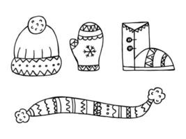 um conjunto de roupas de inverno desenhadas à mão. ilustração vetorial em estilo doodle. clima de inverno. olá 2023. feliz natal e feliz ano novo. elementos pretos em um fundo branco. vetor
