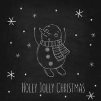boneco de neve bonito com flocos de neve em um quadro de giz preto. ilustração vetorial em estilo doodle. clima de inverno. olá 2023. feliz natal e feliz ano novo. vetor