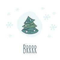 uma árvore de natal desenhada à mão. ilustração vetorial colorida em estilo doodle. clima de inverno. olá 2023. feliz natal e feliz ano novo. árvore verde com brinquedos azuis e flocos de neve em um fundo branco. vetor