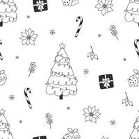 padrão de Natal sem costura em estilo doodle. fundo repetitivo para design de natal, árvore de natal, poinsétia, azevinho, bolo de natal e outros. ilustração desenhada à mão preto e branco, vetor. vetor