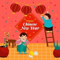 crianças limpando a casa para preparar o conceito de celebração do ano novo chinês vetor
